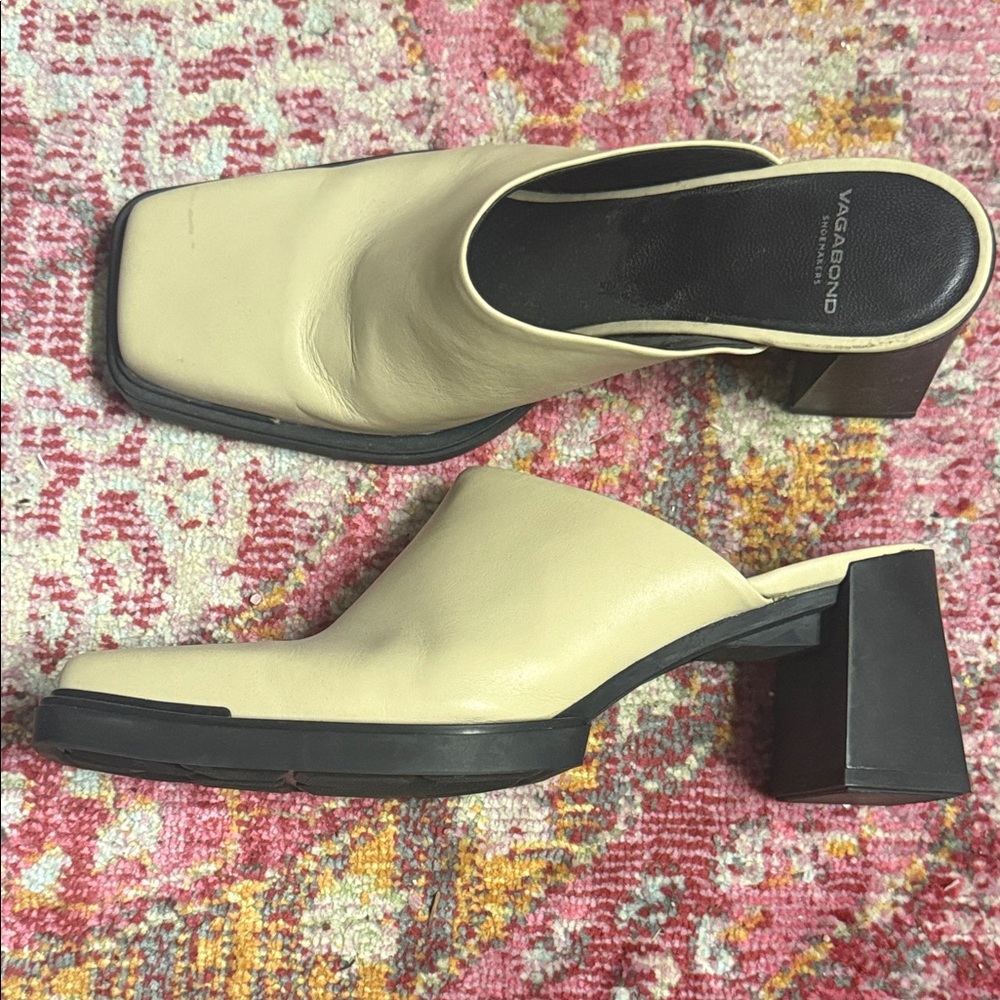 Vagabond Cream Leather Square-Toe Mule Heels 90's y2k Minimalist Chic - Picture 4 of 5